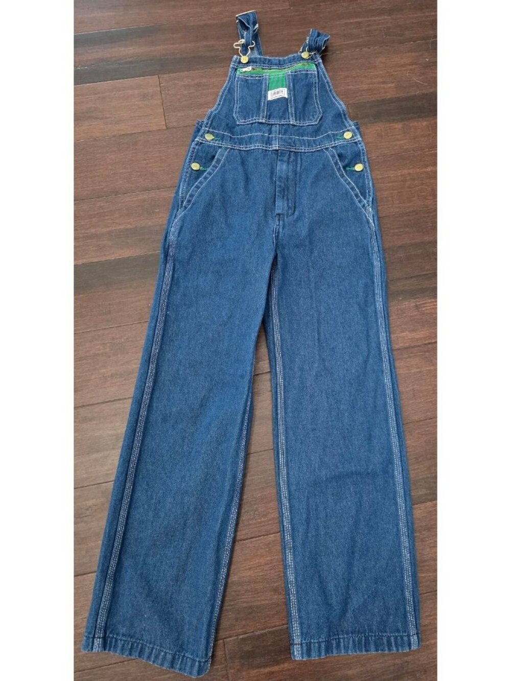 Liberty Boys Denim Bib Overalls Size 12R Blue Jeans Green Accents